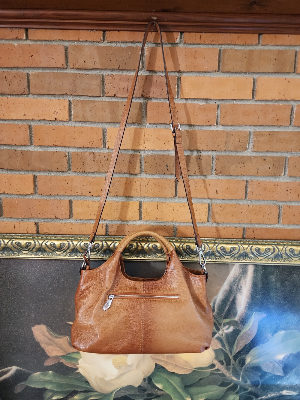 Structured Tan Leather Shoulder Bag with Wrapped Top Handle - Picture 11 of 15
